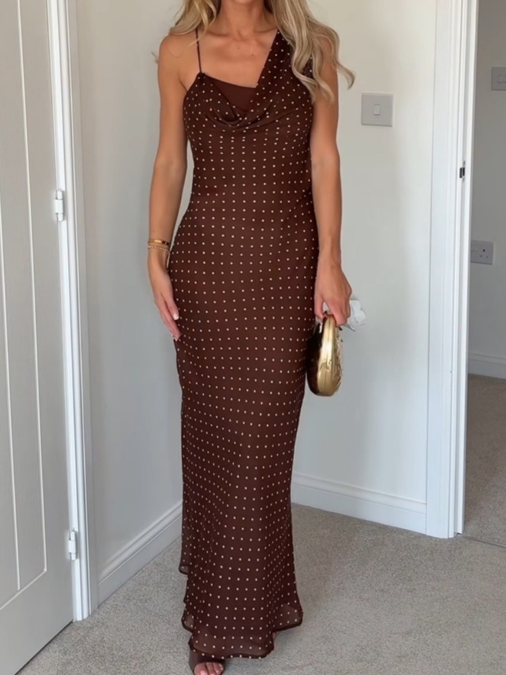 Zara Brown Polka Dot Cowl Neck Maxi Dress - Picture 2 of 8